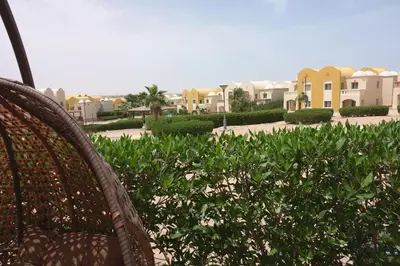 a wicker chair sitting in front of some plants at Private 1 bedroom flat with garden in Makadi in Hurghada