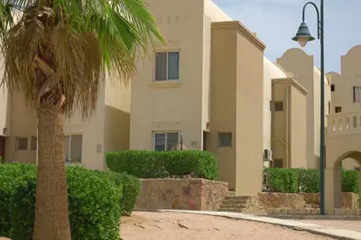 a palm tree in front of a building at Private 1 bedroom flat with garden in Makadi in Hurghada