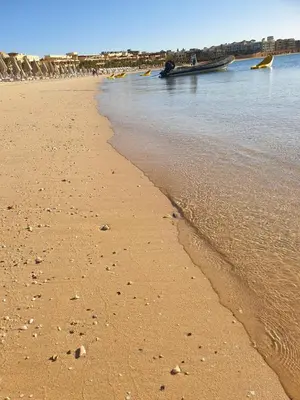 a sandy beach with a boat in the water at Tawaya sahl hashesh in Hurghada