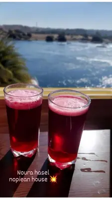 two glasses of red liquid sitting on a table at Noura hasel nubian house in Aswan