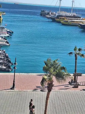 a group of people walking on a sidewalk near the water at new marina . your best choice for family in Hurghada