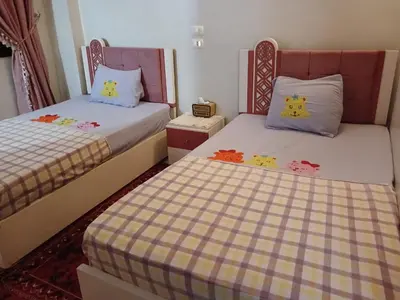 two beds with hello kitty pillows in a room at Cattleya Guesthouse in Aswan