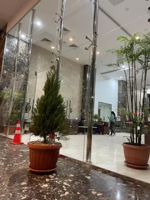 a lobby with two potted plants on a counter at شقة داخل كمباوند in Hurghada