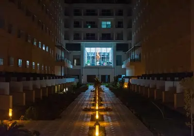 an empty hallway of a building at night at Scandic 1 in Hurghada