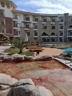 a large apartment building with a dog sitting in front of it at Tony's Privy Beds by Red Sea in Hurghada