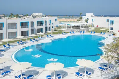 an overhead view of a pool with chairs and umbrellas at Casa Blue Resort in Marsa Alam City