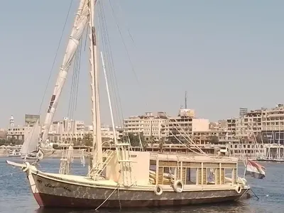 a boat in the water with a city in the background at Nile Felucca Adventure in Aswan