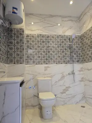a bathroom with a white toilet and a shower at Villa Nile Rayan in Al Aqālitah