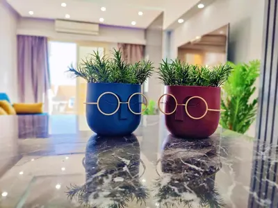two potted plants sitting on top of a glass table at Sea Dreams @ Hurghada Dreams in Hurghada
