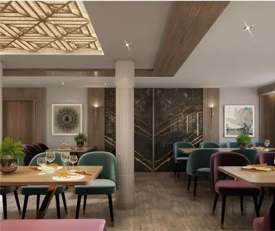 a restaurant with tables and chairs and a wall mural at Nefertari Nile Cruise From Luxor 4&7 Nights, Every Saturday, Monday And Thursday Including tours in Luxor