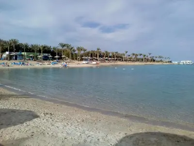 a beach with a group of people and palm trees at A two-room chalet in the village of Lale Land, Mirage Bay, Ecopark in Hurghada