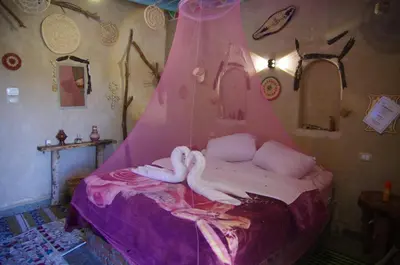 a bedroom with a pink tent with swans on the bed at Bedouin Lodge Luxor in Luxor