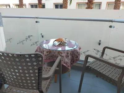 a table and chairs on a balcony with a cat on it at Happy Home in Hurghada