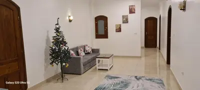 a living room with a couch and a christmas tree at Moon fourteen in Luxor