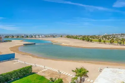 an aerial view of a beach and the ocean at NEW! Gouna, Cyan Cozy 3BR Townhouse Lagoon & Pool in Hurghada