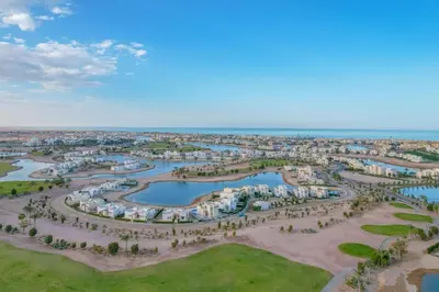 an aerial view of a resort with water parks at NEW! Gouna, Cyan Cozy 3BR Townhouse Lagoon & Pool in Hurghada