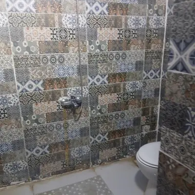 a bathroom with a toilet and a tiled wall at Asilah kato nubian guest house in Aswan