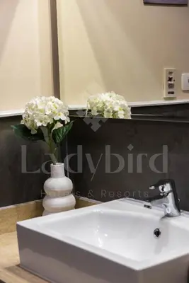 a bathroom sink with a vase with flowers in it at Ladybird - Azzurra Beauty in Hurghada