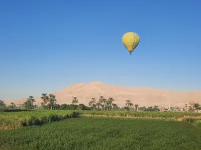 a hot air balloon in the sky over a field at The royal flat for rent in Al Qurnah